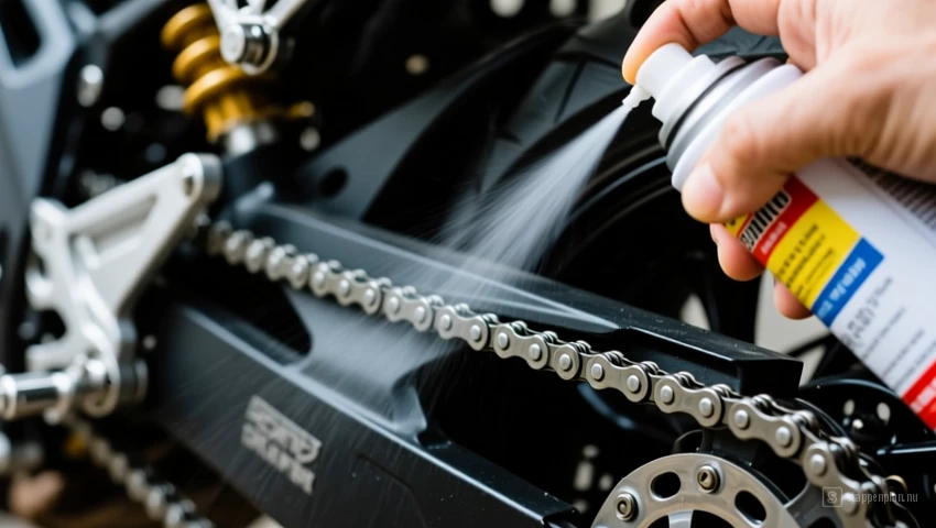 Detailopname van kettingolie die wordt gespoten op een motorfietsketting.