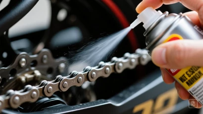 Detailopname van kettingolie die wordt gespoten op een motorfietsketting.