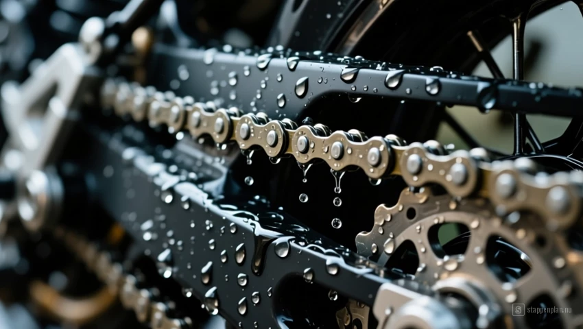 Detailopname van een motorfietsketting waar water van afdruipt terwijl deze droogt.