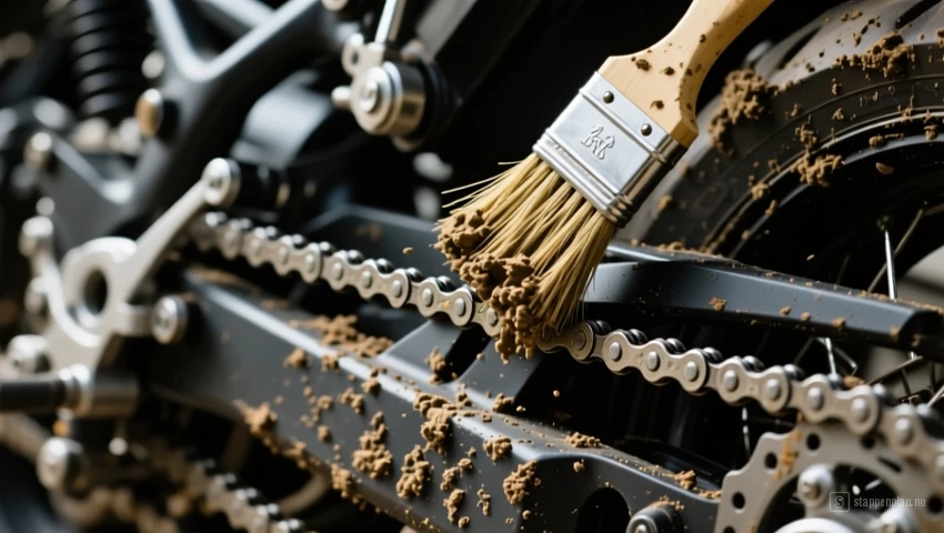 Motorfietsketting met vuil dat wordt opgetild door een borstel.