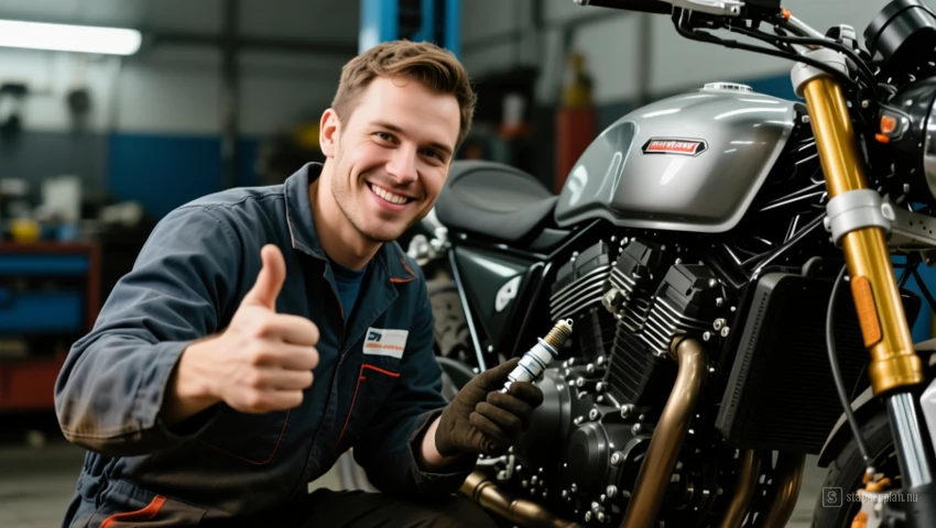 Motorfietsmonteur die een duim omhoog geeft na het vervangen van de bougie.