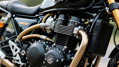 Motorfietradiator met aangesloten slangen.