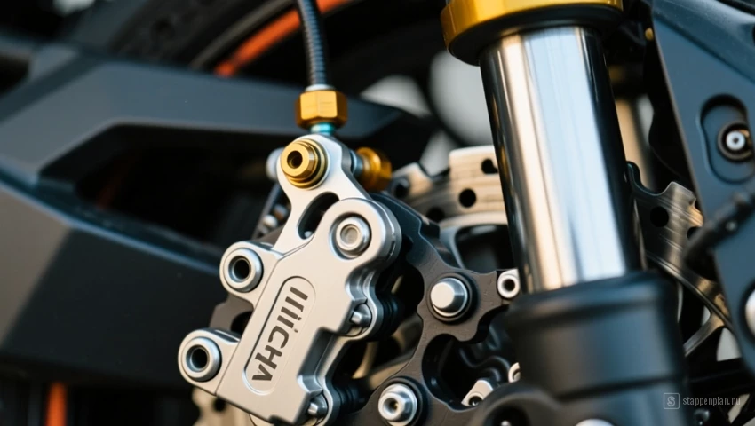 Close-up van een remleingaansluiting op een motorfietremklauw.