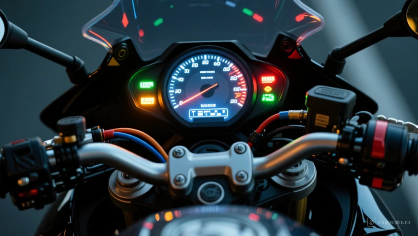 Dashboard van de motorfiets met alle lampjes brandend, waarmee de functionaliteit van het elektrische systeem wordt geverifieerd.