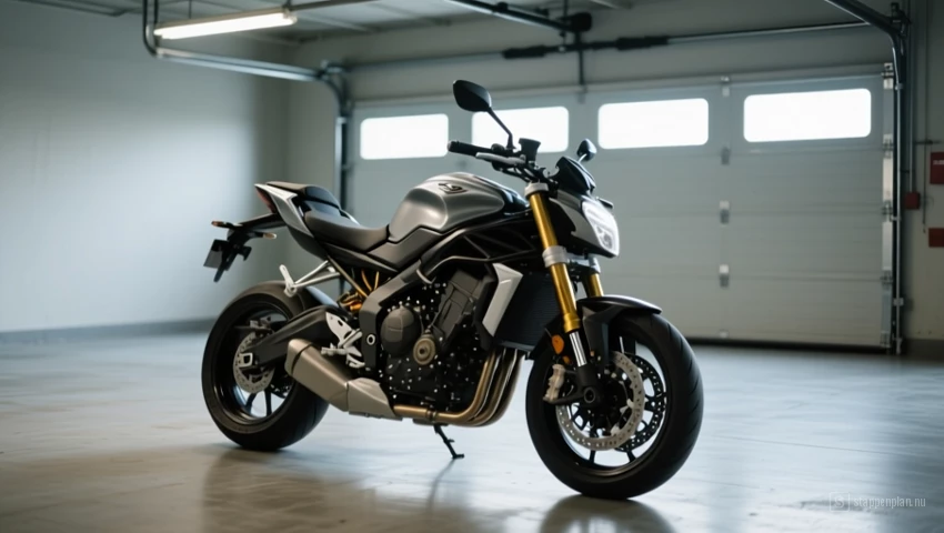 Motorfiets geparkeerd op een vlakke garagevloer.