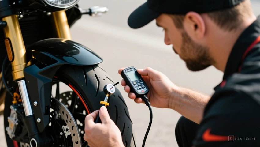 Motorrijder controleert bandenspanning nogmaals
