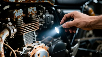 Hand met zaklamp die roest op een motorfietsmotor belicht.