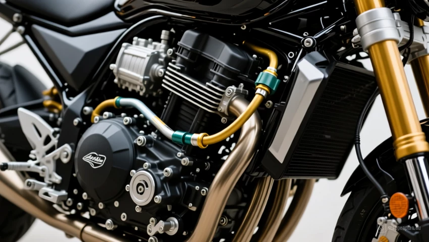 Motorfietsolieleiding geleid nabij de motor.