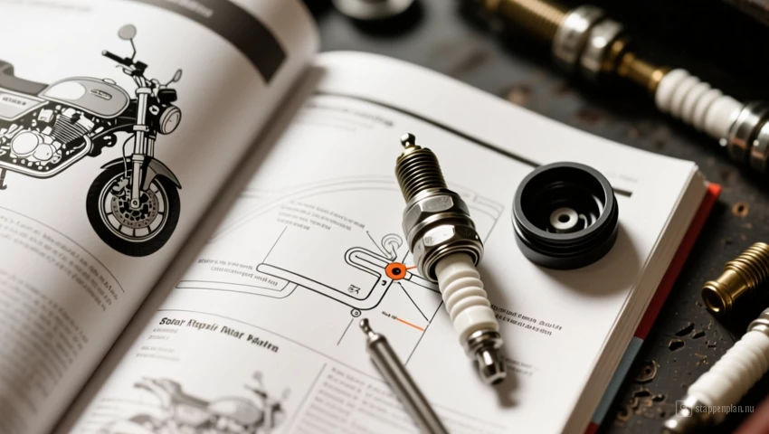 Reparatiehandleiding voor motorfietsen, open op de pagina met de locatie van de bougie en het verwijderen van de afdekking.