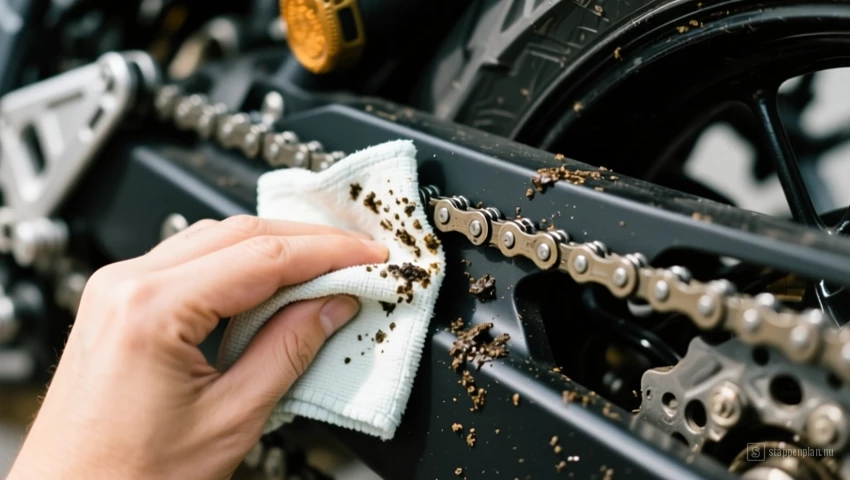 Detailopname van een schone doek die vuil wegveegt van een motorfietsketting.