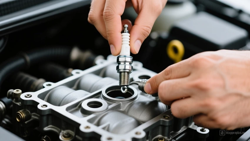 Handen die ervoor zorgen dat de nieuwe bougie gelijk is met de cilinderkop.