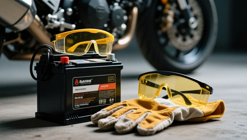 Veiligheidsbril en handschoenen die naast een motorfietsaccu liggen, waarbij de nadruk ligt op veiligheid.