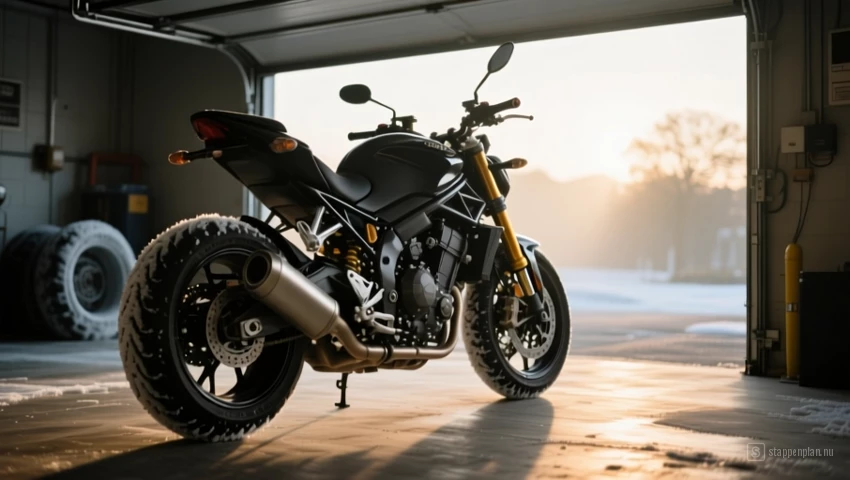Motorfiets geparkeerd met koude banden