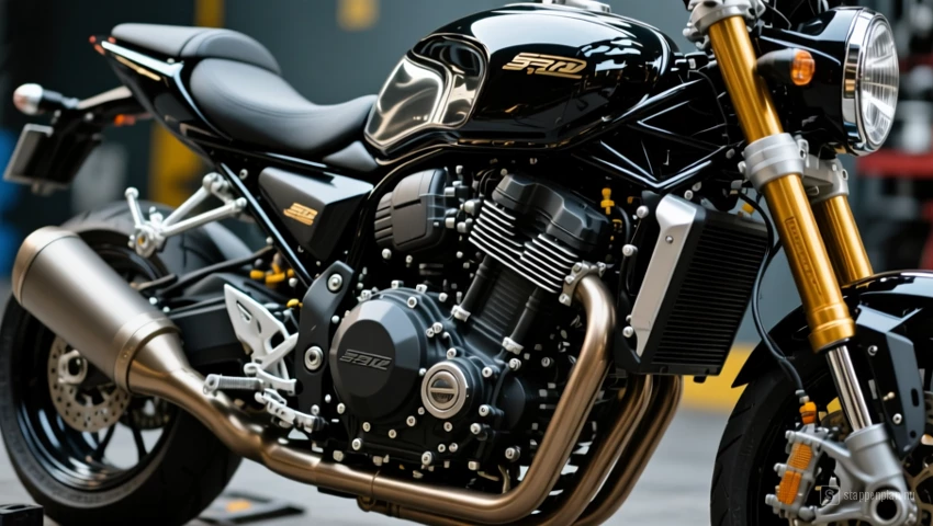 Motorfietsmotor met alle afdekkingen opnieuw geïnstalleerd na onderhoud.