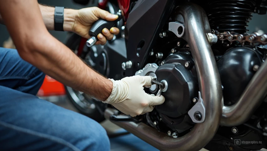 Monteur veegt overtollige kettingolie van een motorfietsketting.