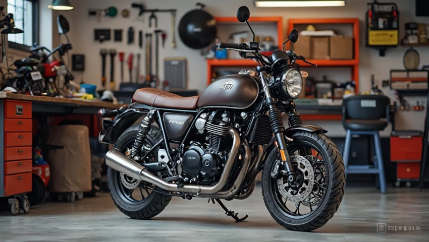 Motorfiets geparkeerd in een georganiseerde garage.