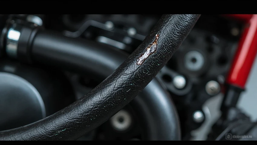 Close-up van een motorfietbrandstofleiding met een kleine scheur.