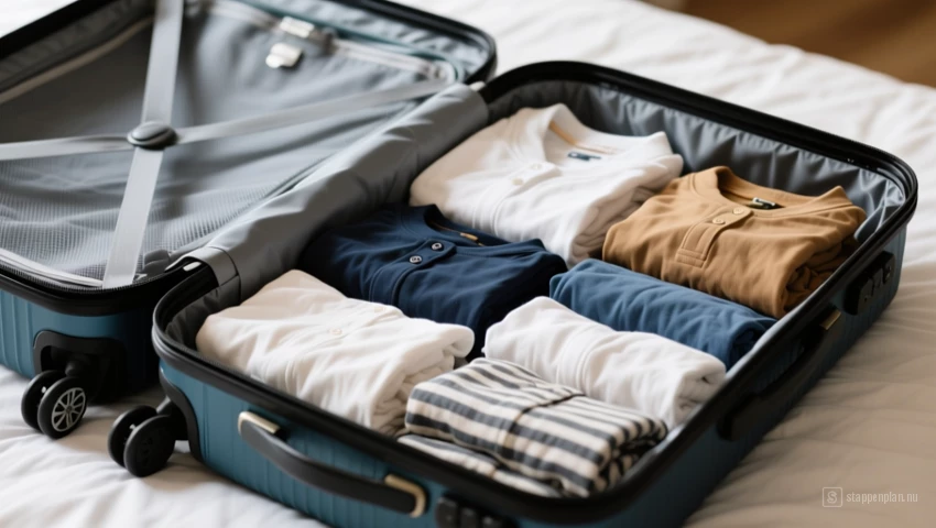 Netjes georganiseerde koffer met opgevouwen kleding.