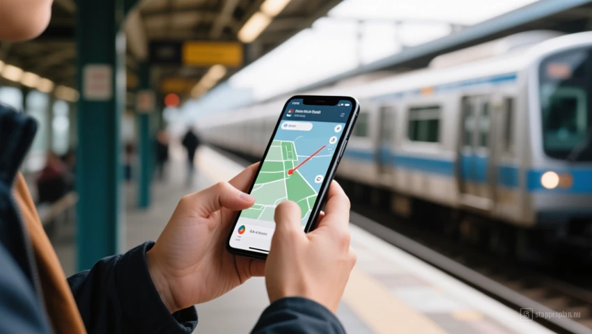 Een persoon die een smartphone gebruikt om te navigeren met het openbaar vervoer.