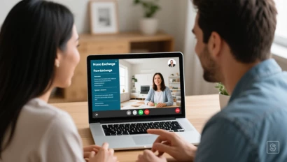 Twee mensen die een video gesprek voeren en de details van een huisruil bespreken.