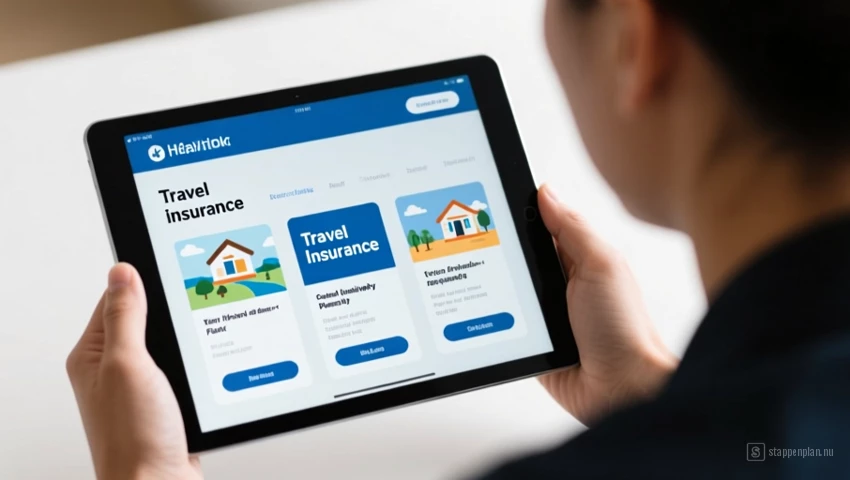 Persoon die verschillende reisverzekeringsplannen vergelijkt op een tablet.