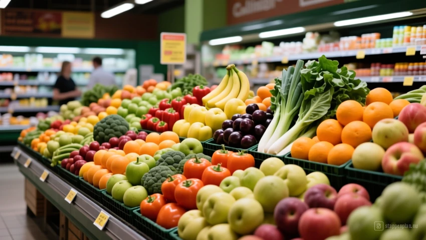 Een kleurrijk assortiment verse groenten en fruit in een supermarkt.