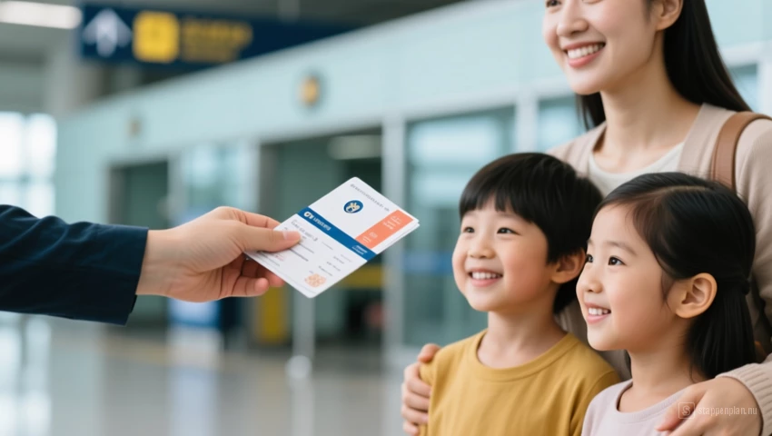 Persoon die reisdocumenten aan een familielid geeft.