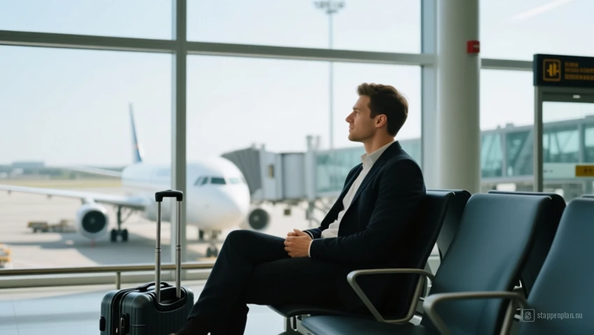 Een persoon die op een luchthaven wacht tijdens een overstap.