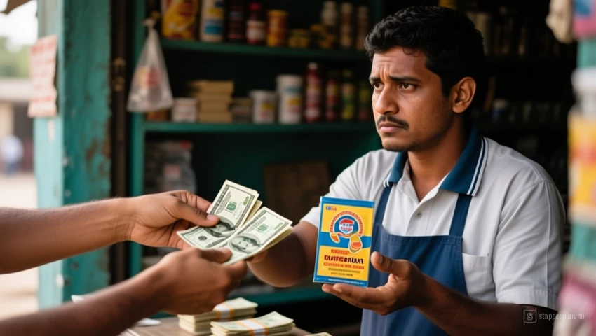 Handen die geld en een souvenir uitwisselen, met een licht sceptische uitdrukking op het gezicht van de verkoper.