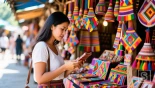 Vrouw die over een kleurrijke kraam met lokale souvenirs loopt.