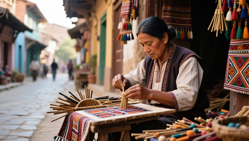 Straatscène met een lokale ambachtsman die aan een traditioneel kunstwerk werkt.