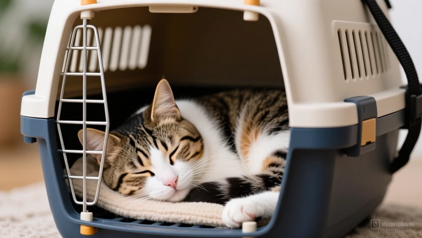 Kat slaapt comfortabel in een reismand.