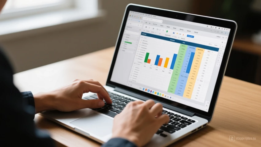 Een persoon die op een spreadsheet werkt op een laptop.