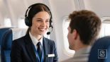 Een klantenservicemedewerker met een headset, die een passagier helpt.