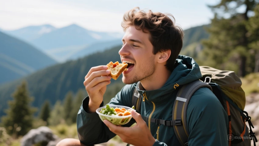 Een persoon die geniet van een gezonde snack tijdens het wandelen.