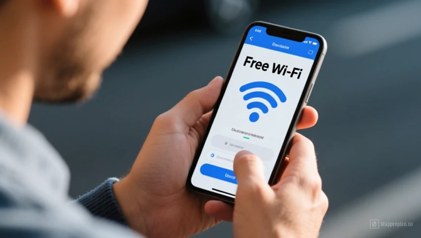 Iemand controleert op gratis Wi-Fi hotspots op een telefoon.
