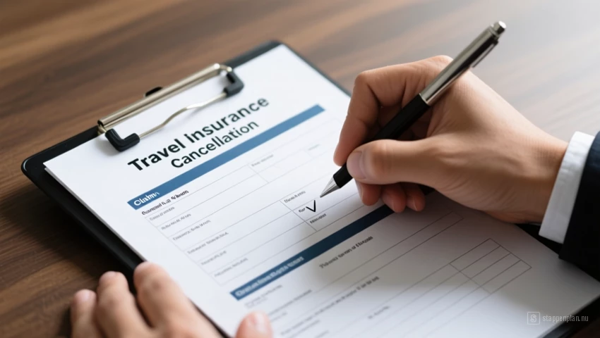 Persoon die een claimformulier invult voor reisverzekeringsannulering.