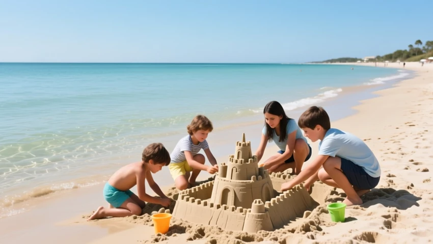 Mooi strand met kalm, ondiep water en families die zandkastelen bouwen.