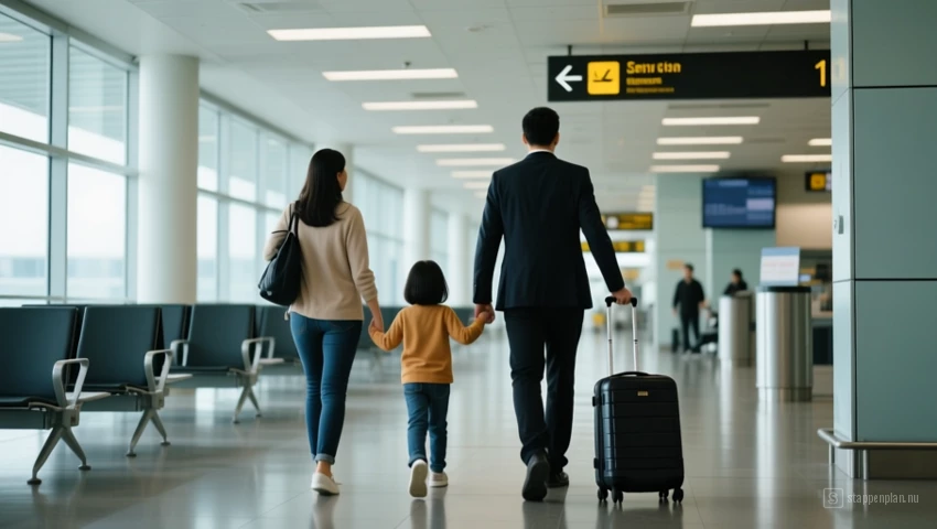 Een gezin loopt kalm door de luchthaven en observeert de omgeving.