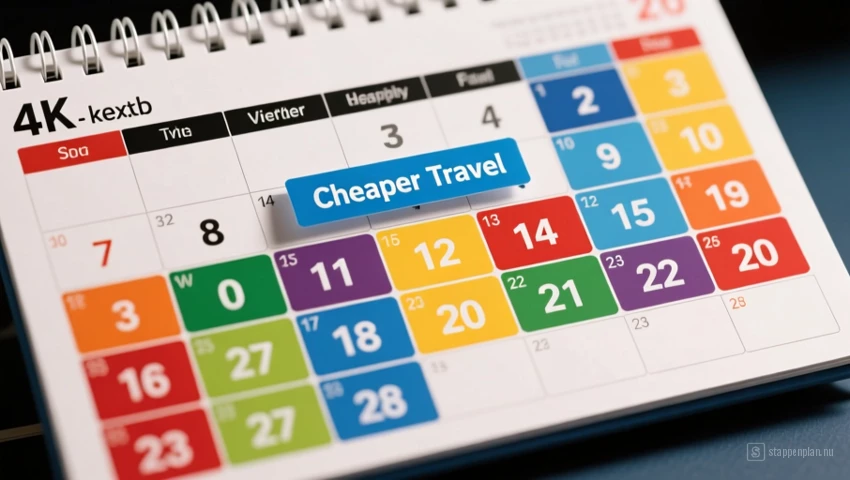 Een kalender waarop goedkopere reisdata in verschillende kleuren worden gemarkeerd.