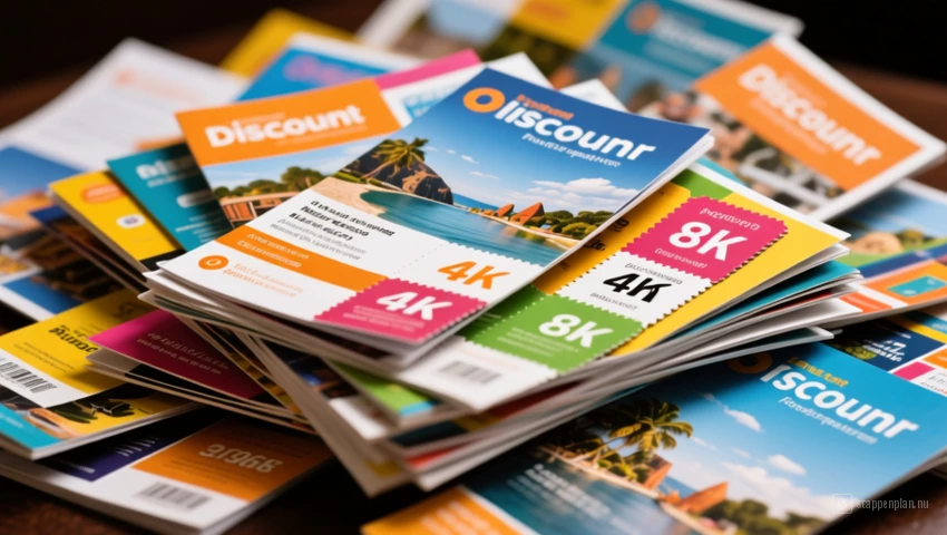 Een stapel reisbrochures en kortingsbonnen.