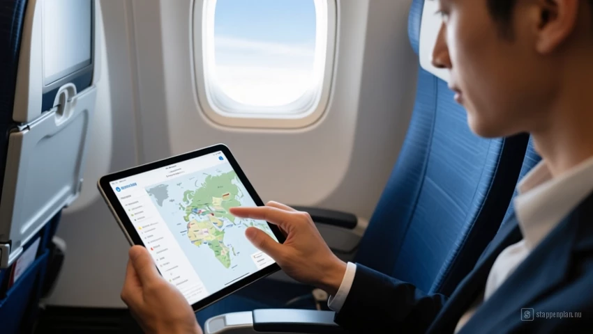 Een persoon die een raamstoel selecteert op een stoelplattegrond van een vliegtuig op een tablet.