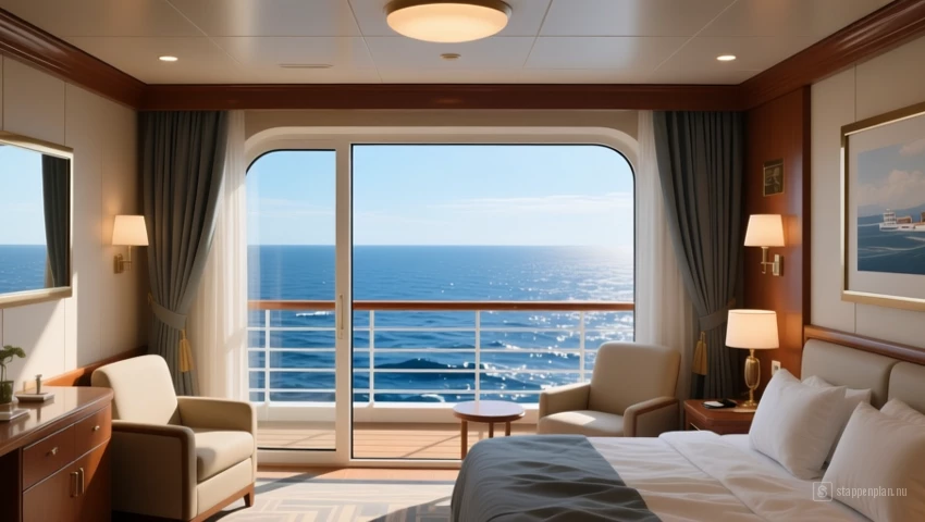 3D rendering van een cruise schip hut met een balkon met uitzicht op de oceaan.