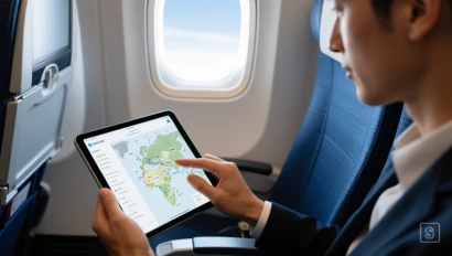 Een persoon die een raamstoel selecteert op een stoelplattegrond van een vliegtuig op een tablet.