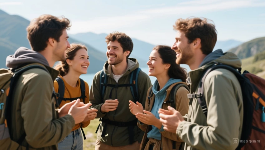 Een groep reizigers die verhalen en ervaringen delen.