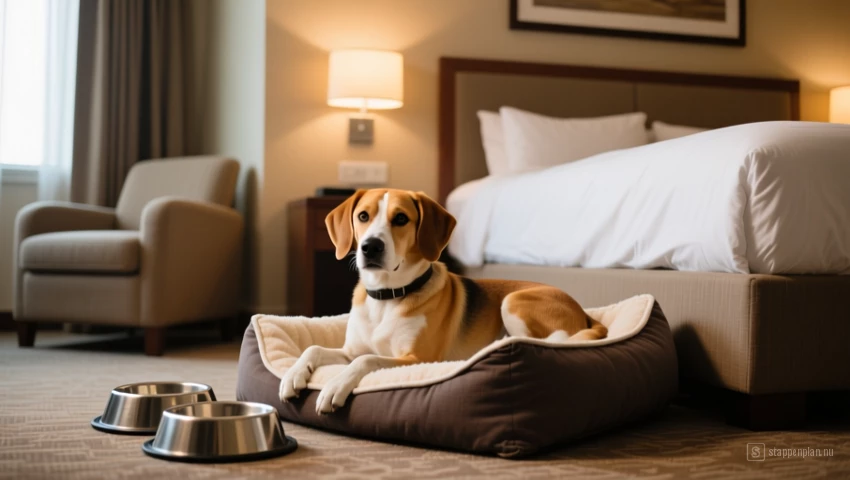 Hond ontspant in een hotelkamer met een dierenbed en -bak.