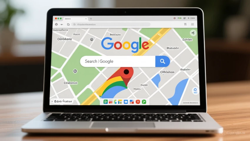 Laptop met Google Maps interface en een zoekopdracht in de zoekbalk.