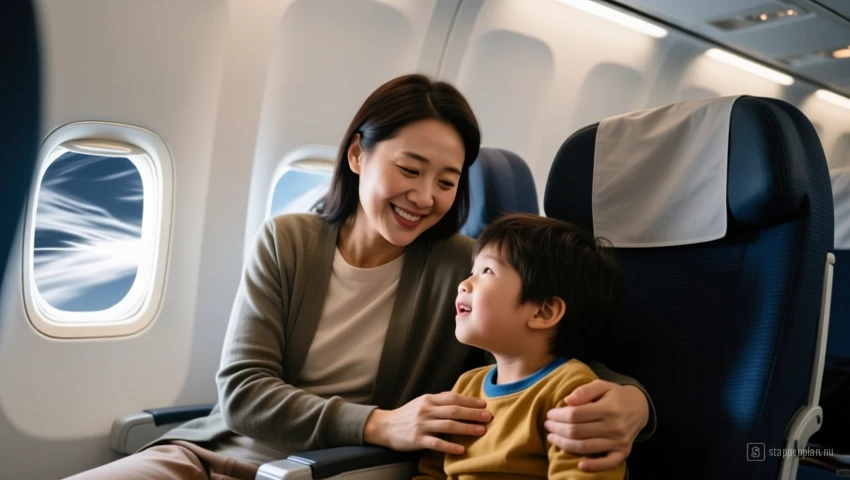 Een ouder stelt een kind kalm gerust tijdens turbulentie.