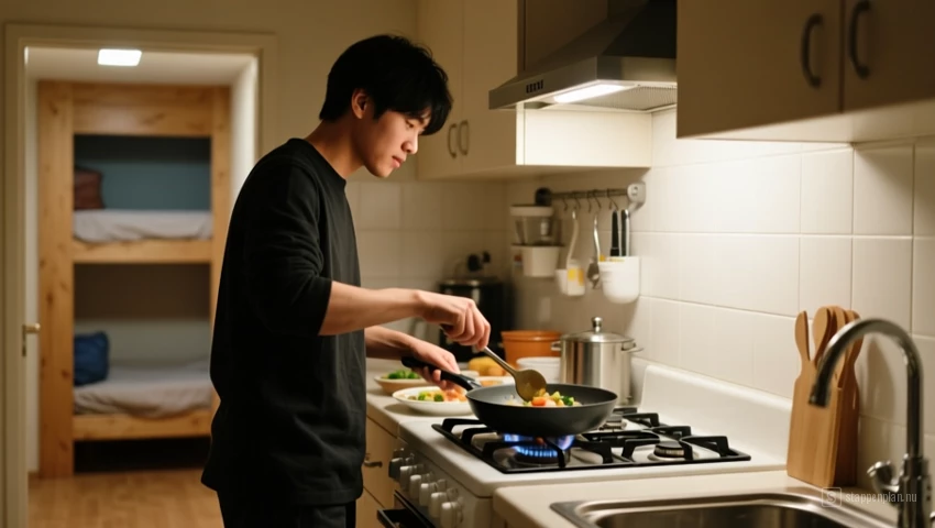 Iemand kookt een eenvoudige maaltijd in een hostelkeuken.