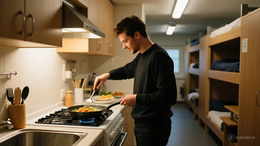 Een persoon die een maaltijd kookt in een hostelkeuken.